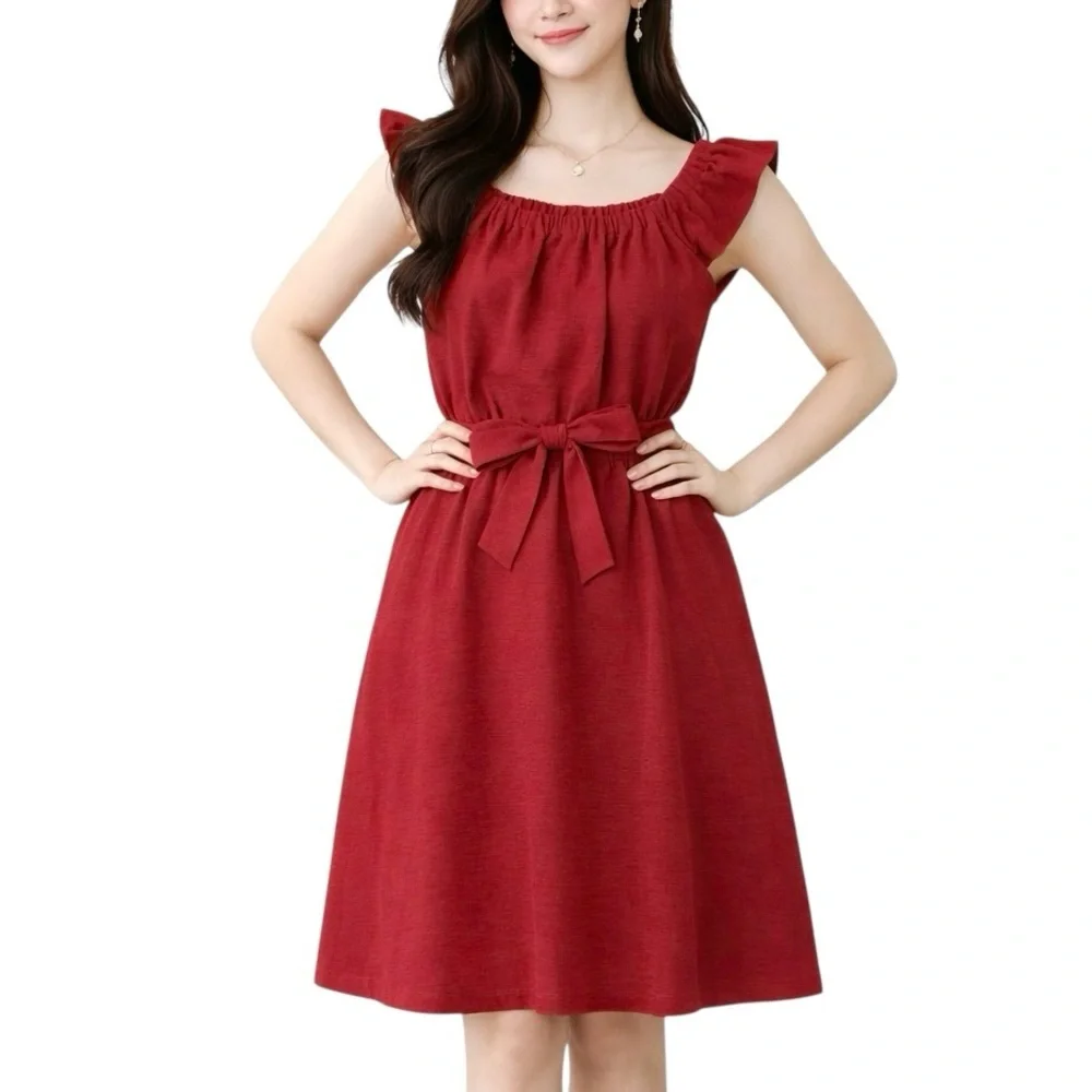 Banana Republic Midi Dress Red Flutter Sleeve On / Off Shoulder Size XS